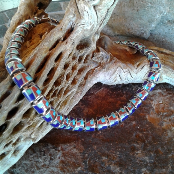 Jewelry - Sterling Silver multi inlay choker necklace set